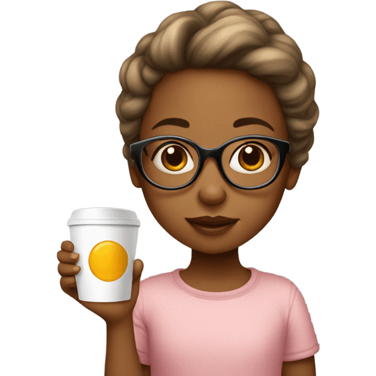 Small girl wearing big glasses holding tea emoji