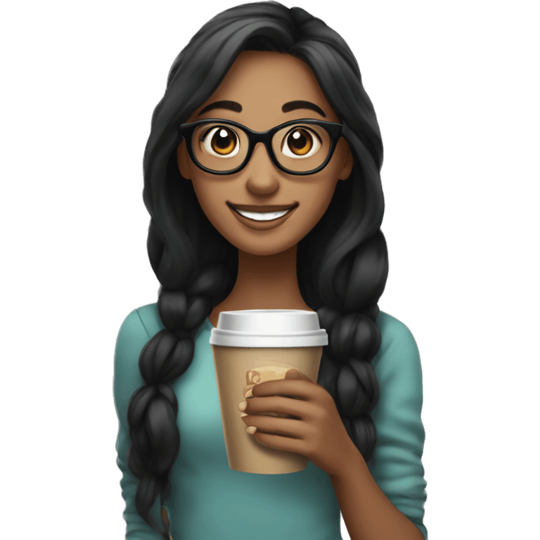 smiling girl with long black hair ponytail standing with a coffee in her hands big black glasses emoji