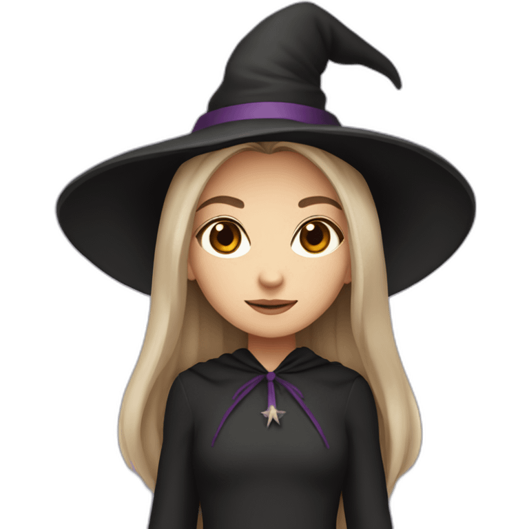 a young white brown thin girl with straight hair dressed as a witch emoji