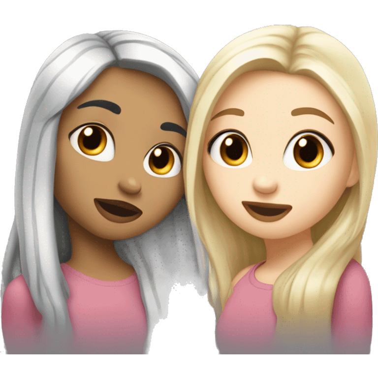 Girl kissing another girl on the cheek, both blushing. They both have white skin and long black hair emoji