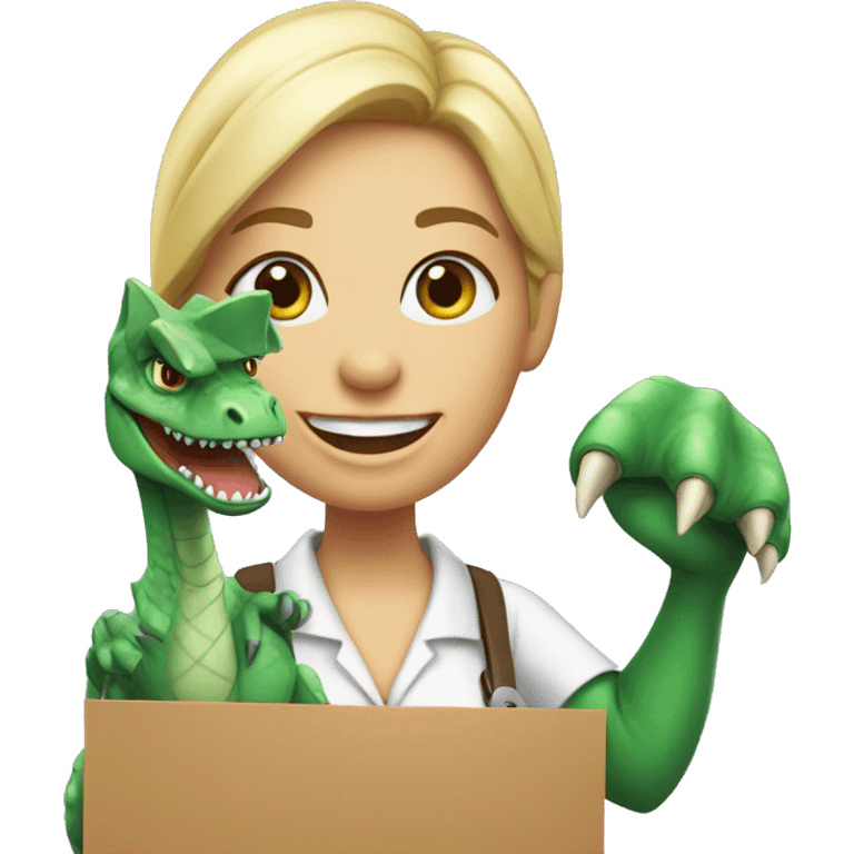 Female Dinosaur realtor holding a for sale sign emoji