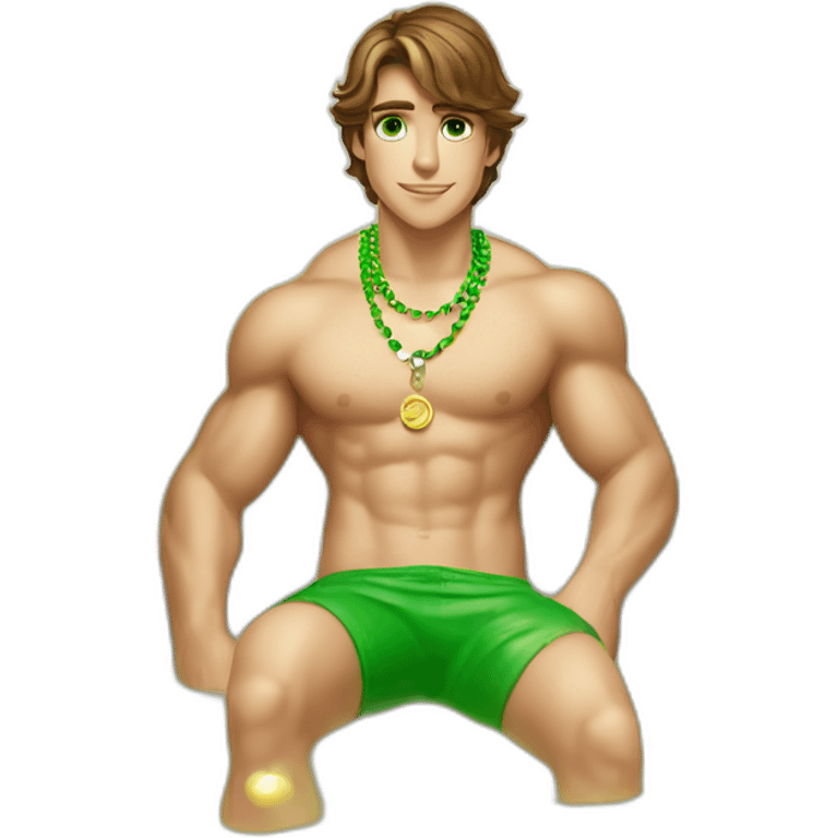 Posh-muscle-boy-brown-hair-green-eyes-pearl-necklace-in-golden-bathtub-legs emoji