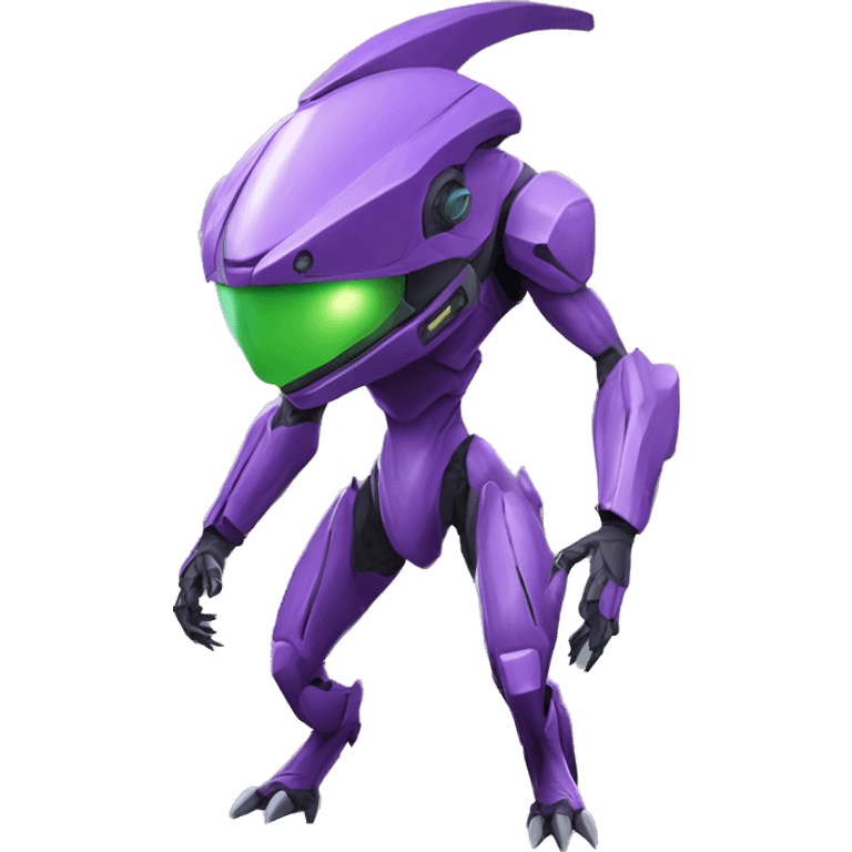 a purple-green Genesect-Raptor-Fakémon—hybrid with a futuristic visor-helmet full body emoji