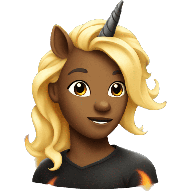 Black unicorn with flames and blonde hair emoji