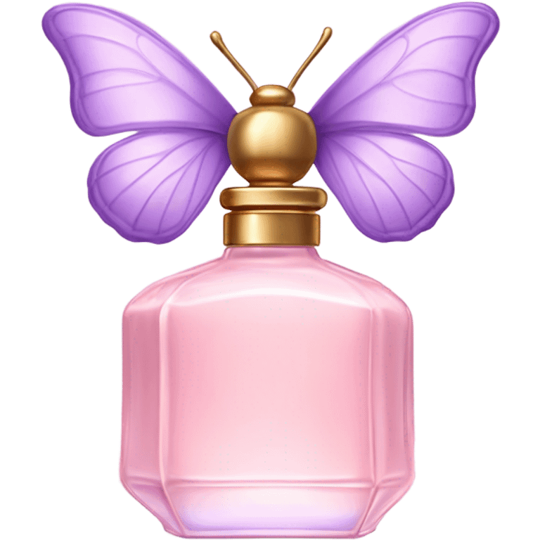 A dreamy vintage perfume bottle in soft pastel pink, adorned with delicate violet butterfly wings. emoji