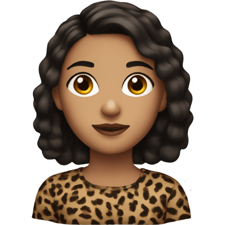 Girl with dark brown hair with a side parting wearing a leopard print strap top emoji