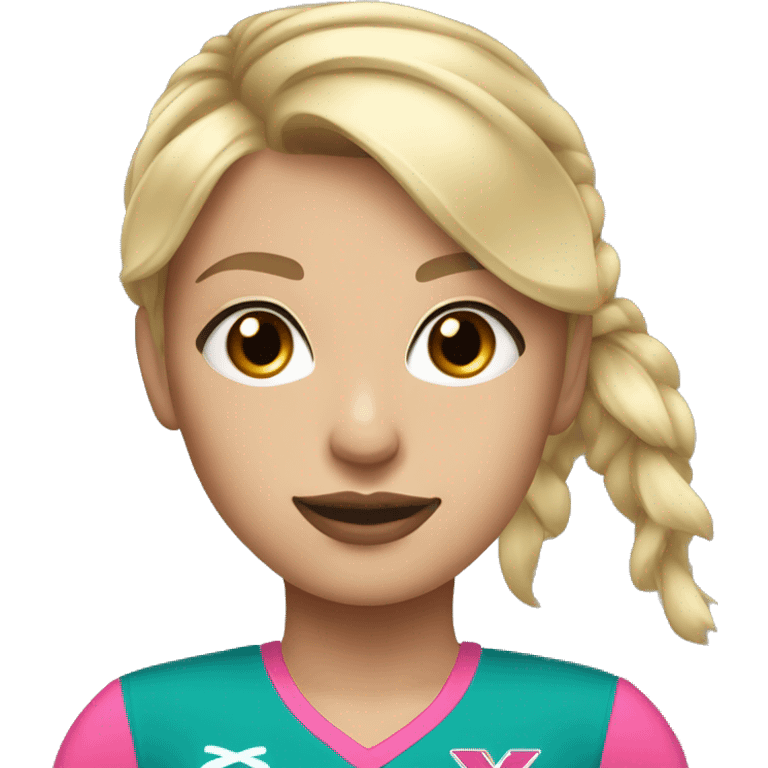 Blonde cheerleader with teal and orange uniform, brown eyes, white skin, pink lips, ponytail  emoji