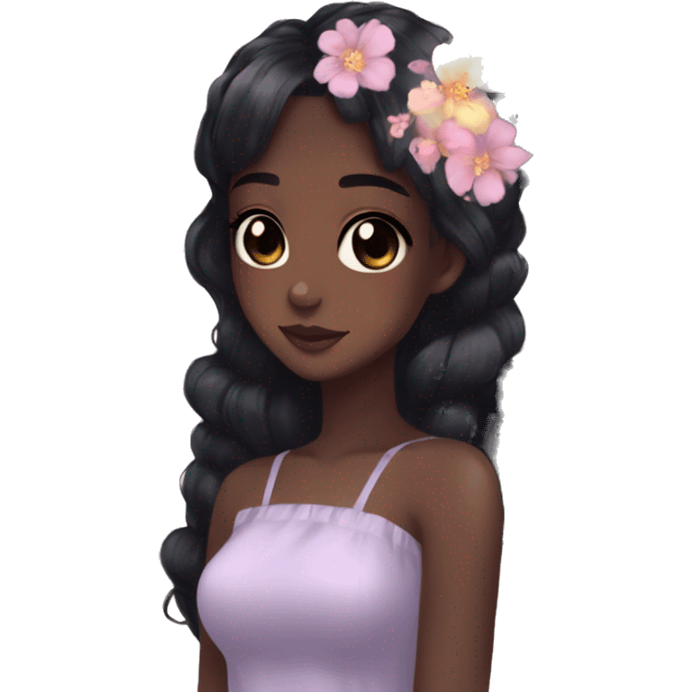 Gorgeous black hair Pastel Anime-Style dark skin Lady Butterflies flower petals kawaii aesthetic trending style emoji