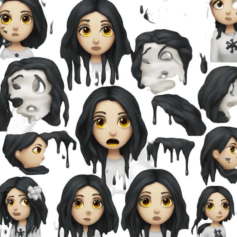 white goth women long black hair and with waterproof makeup with white flour water dripping down her face  emoji