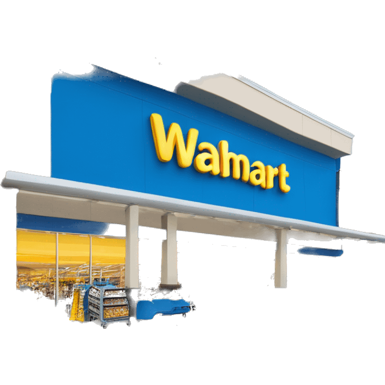 “Exterior of a Walmart store with the sunburst logo above the entrance, blue facade with yellow accents, large sliding glass doors, and shopping carts lined up outside, capturing the look of a busy retail supercenter.” emoji