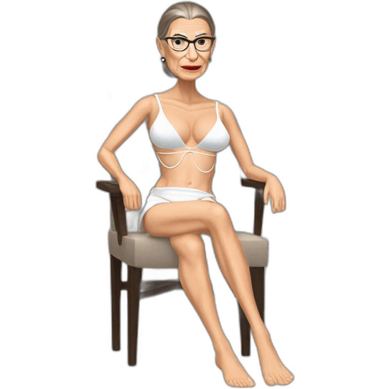 sexy ruth bader ginsburg wearing string bikini top and a skirt acting out that scene from basic instinct sitting facing forward legs apart(full body, ios17, sitting legs spread apart) emoji