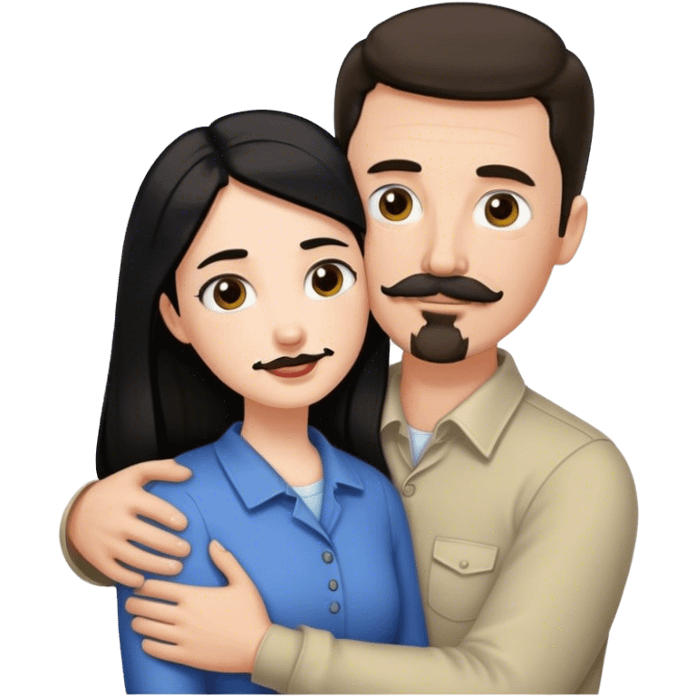 Tall white man with thin dark brown hair mustache and goatee, hugging a short pale woman with long black hair emoji