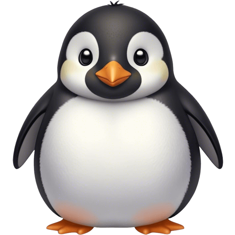 Cinematic chubby penguin, round fluffy body, tiny beak and feet, soft glowing feathers, gentle happy eyes, slightly tilted head, warm and irresistibly cute. emoji