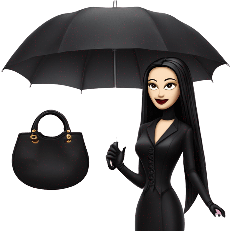 Fun Morticia Addams at a rainy funeral holding umbrella. funeral mask,gloves, small purse.Gal on the Go Barbie  emoji