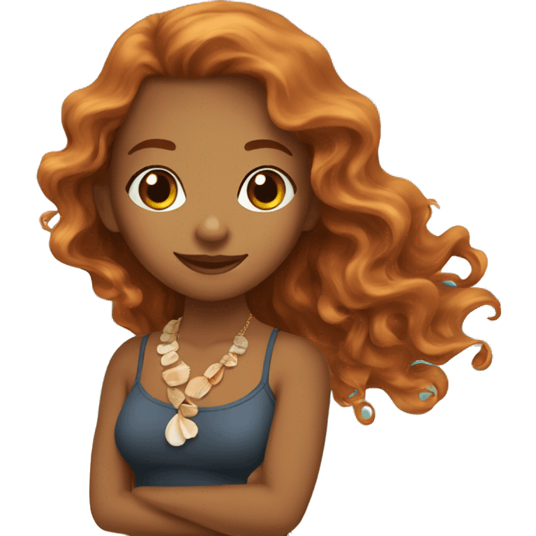 beach lady, long wavy ginger hair, brown skinned, sea shell necklace, brown eyes,  emoji