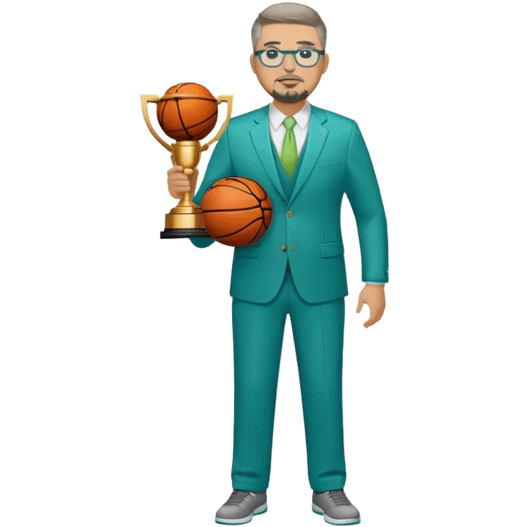 Full Body white plus size man  wearing glasses with a goatee with light brown and gray short hair basketball head Coach in blue and green suit holding trophy emoji