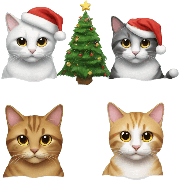 Four different cats sitting under a Christmas tree  emoji