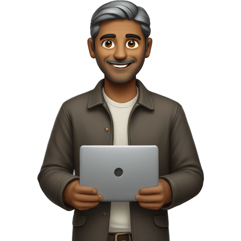 an Indian man with a warm, friendly smile holding a laptop in standing postion.  emoji