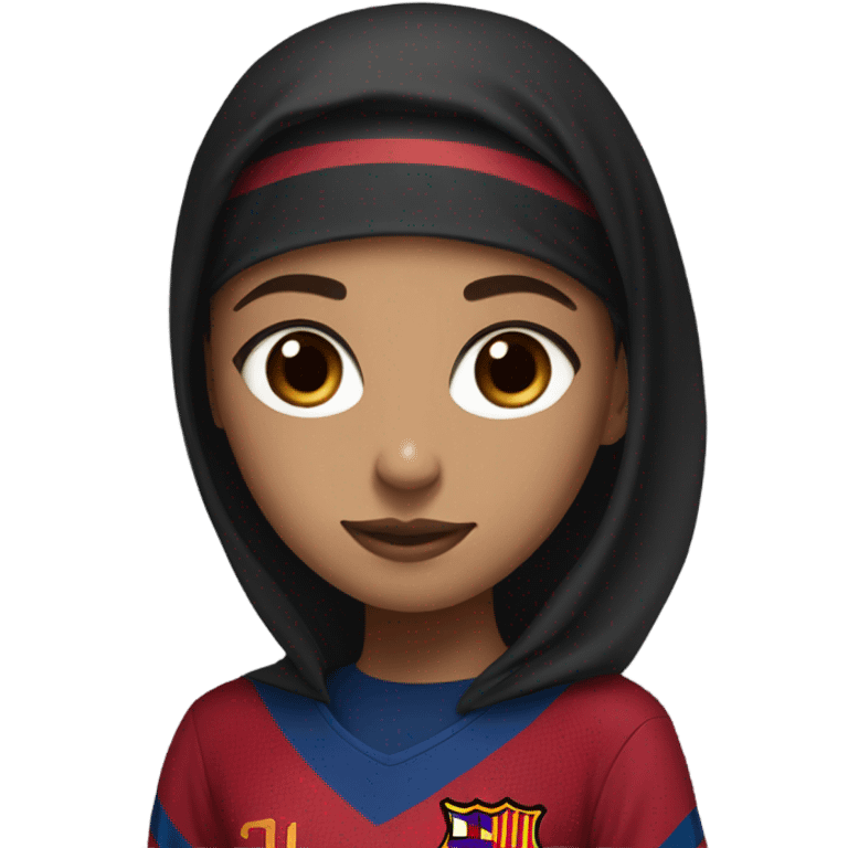 A girl with a shayla (hijab), brown eyes, wearing a Barcelona football jersey, the black one with blue and red details and the symbol in the middle.  emoji