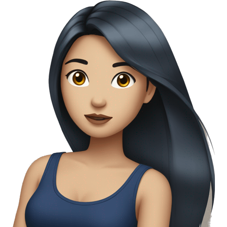 Asian girl with long black straight hair, silver earrings, and a navy tank top emoji