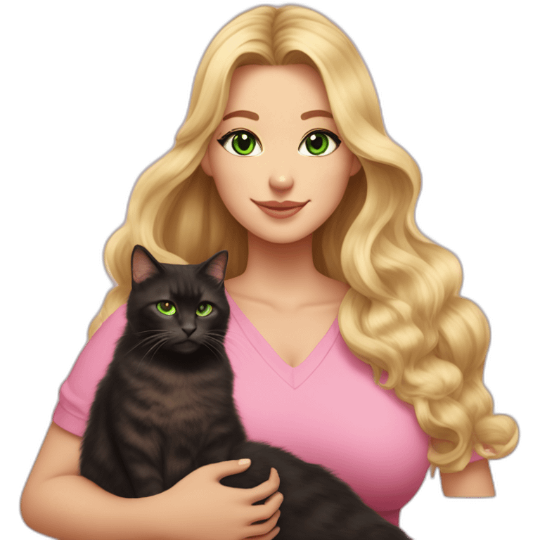 woman with green eyes and long wavy blonde hair and big boobs in a pink shirt is holding a very fluffy and fat black and tortoiseshell cat emoji