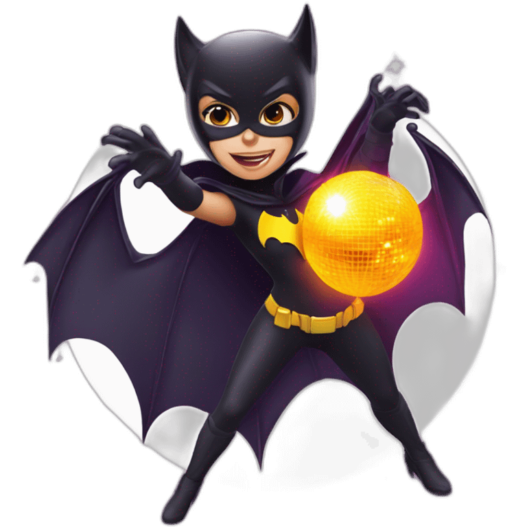 Girl dressed as bat man playing with fire under a disco ball emoji