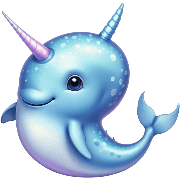 Cinematic Cute Cute Narwhal Portrait Emoji, Head tilted playfully and inquisitively, featuring a charming, sleek body with softly iridescent skin, a prominently spiraled tusk and large, twinkling eyes full of gentle wonder, Simplified yet irresistibly adorable features, highly detailed, glowing with a warm, inviting ocean glow, high shine, affectionate and lively, stylized with a touch of magical sea whimsy, soft glowing outline, capturing the essence of a mischievous yet endearing cute narwhal that seems as if it could frolic out of the screen into your heart! emoji