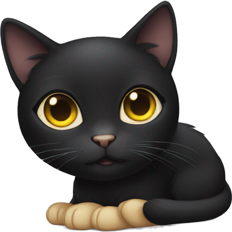 Black female cat, missing tip of left ears, yellow round eyes and cute emoji