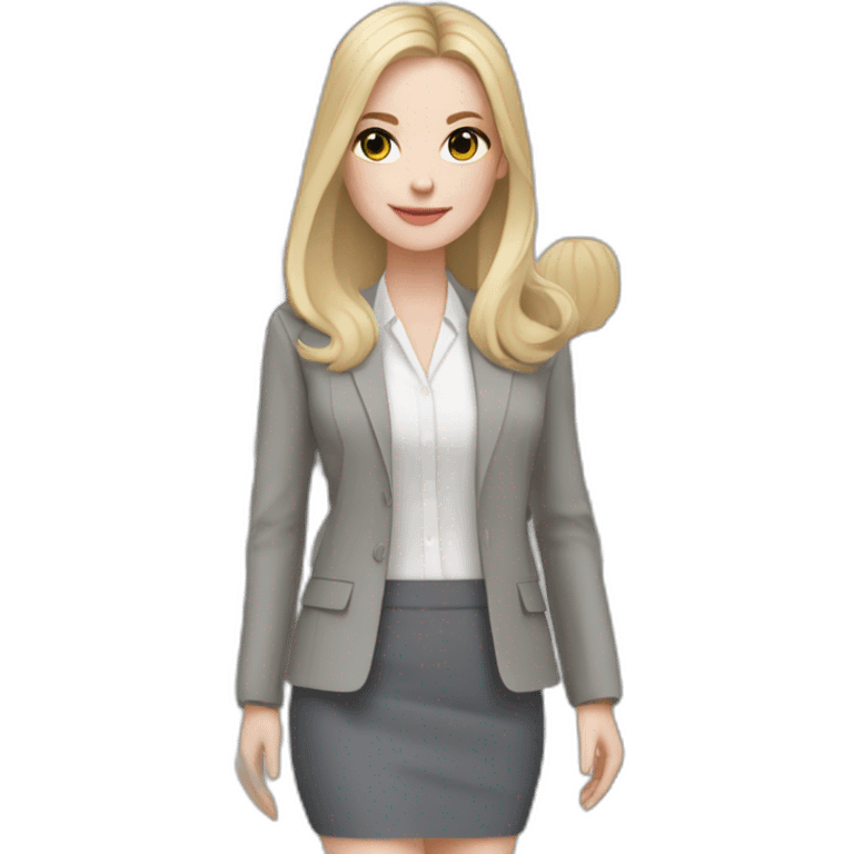 pale skin woman with cold blonde straight middle length hair, White blouse, Gray oversize jacket, Gray skirt holding a color palette in the hands emoji