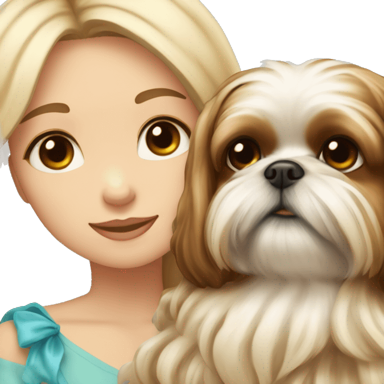 human girl with long wavy brown hair hugging a blonde colored shih tzu girl with bow emoji