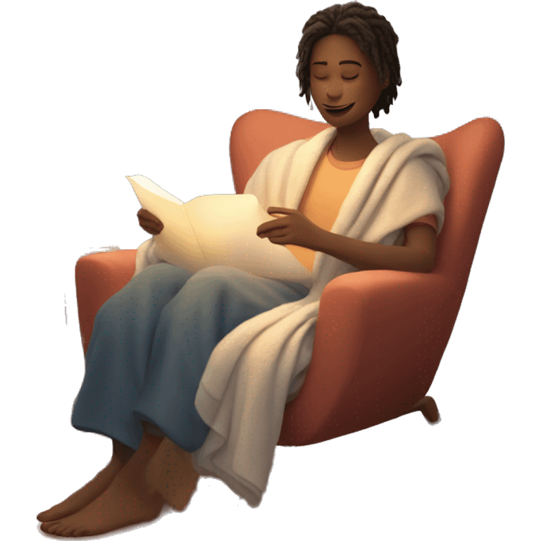 An image of a person relaxing on a comfy chair with a blanket, a cup of tea, and soft lighting, creating a peaceful atmosphere emoji