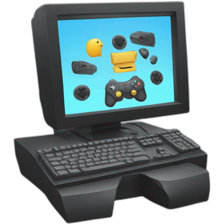 Desktop computer with hands playing with gaming controller emoji