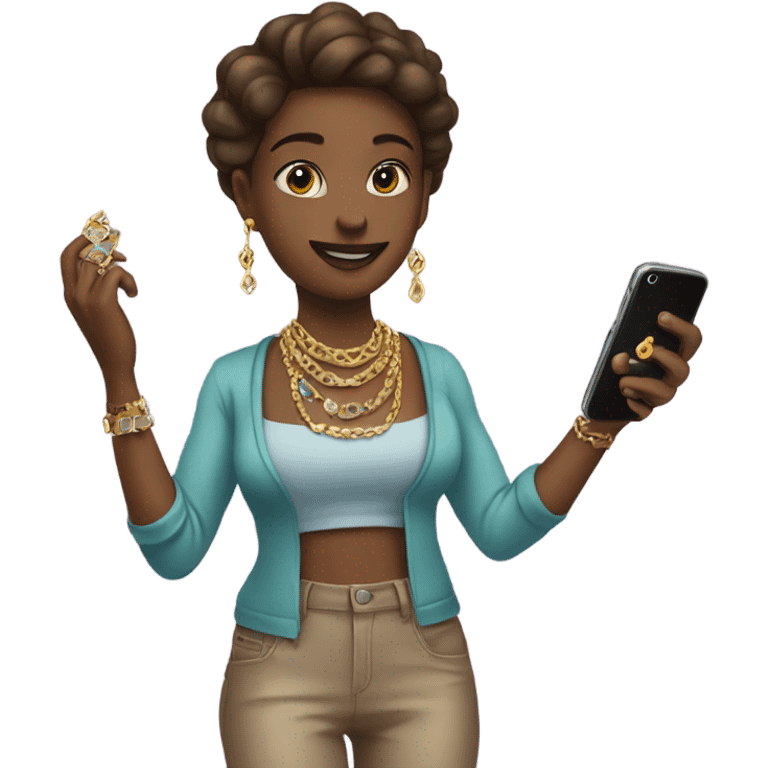 girl holding jewelry and phone emoji