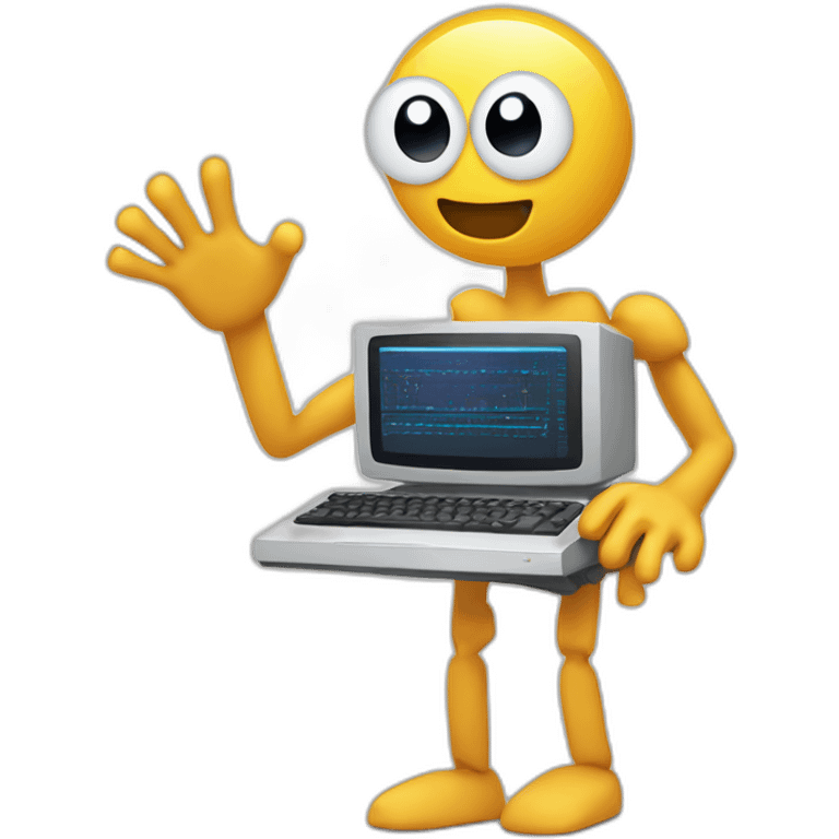 Anthropomorphic computer with arms and legs doing something random emoji