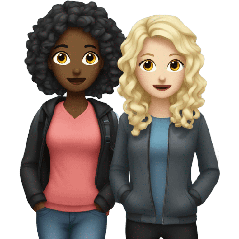 Two tired white girls one blonde and one with black curly hair at the airport  emoji