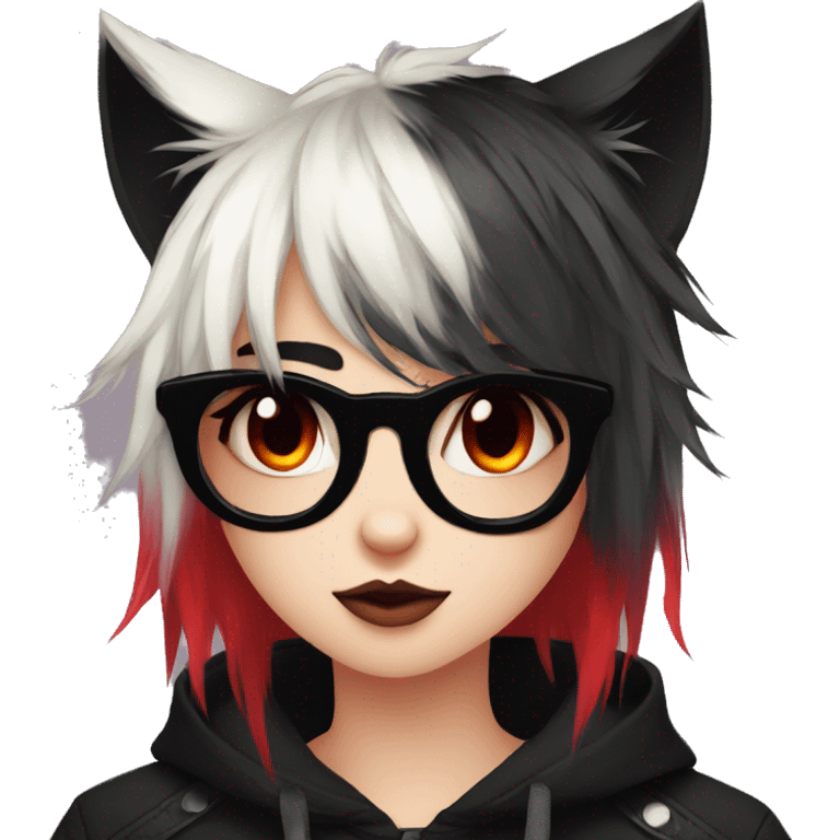 Anthro Edgy Cool Beautiful Black Cat-Fursona with Emo Hair-bangs with Red Streaks emoji