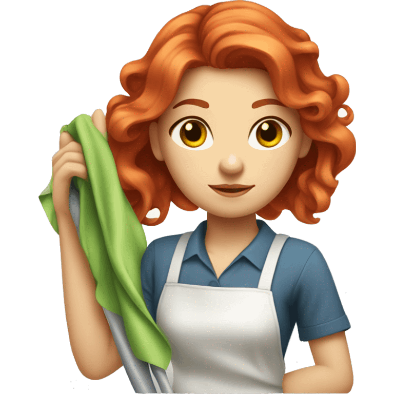 "A beautiful girl with red hair and fair skin, cleaning a dress with a cloth. She is focused on the task and looks determined." emoji