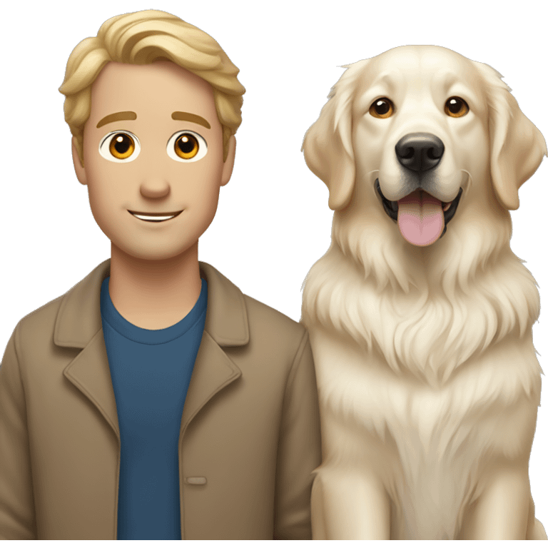 Two white man with brown hair with white golden retriever  emoji