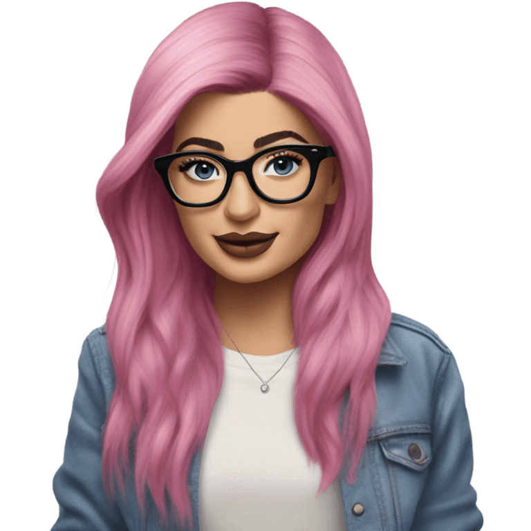 Photo Realistic kylie jenner stylish pink hair BLUE eyes and glasses happy  emoji