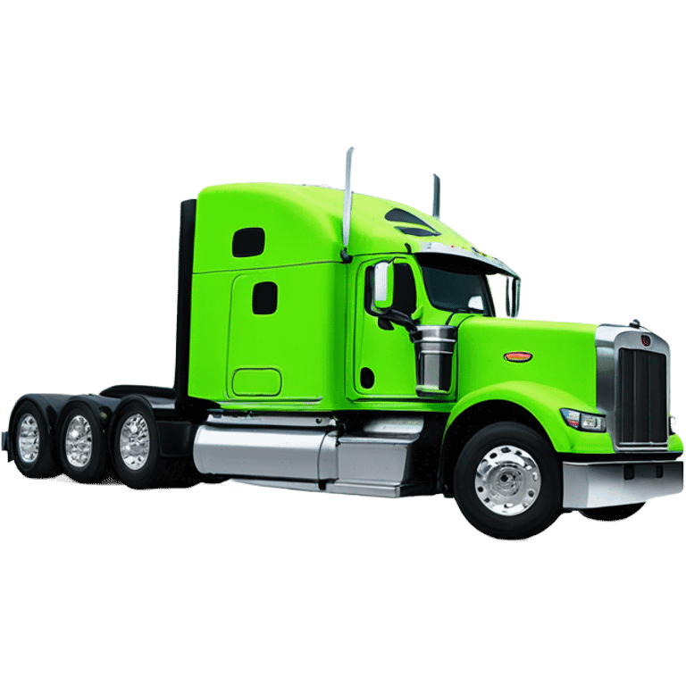 neon green peterbilt semi truck lowered on the ground with large chrome wheels and chrome smoke stacks profile view emoji