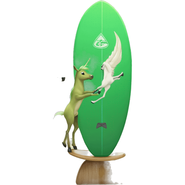 Un unicornio verde en una tabla de surf  emoji