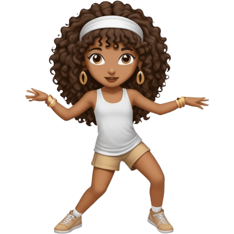 Dancing brown girl with long darn brown curly hair with headband hip hop emoji