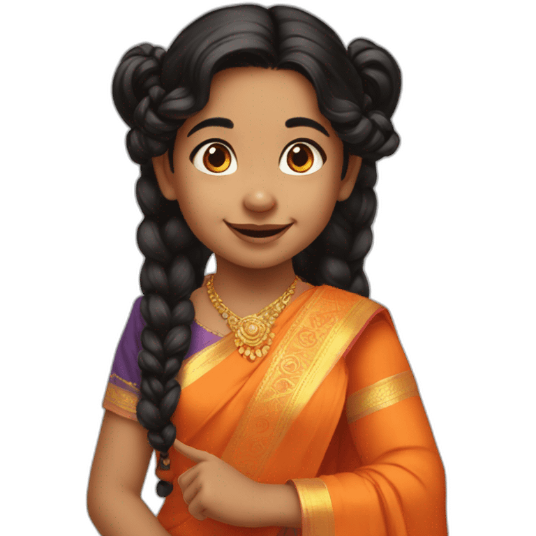 smiling and pointing 3 years old indian girl with black curly hair in pigtails wearing a orange saree emoji