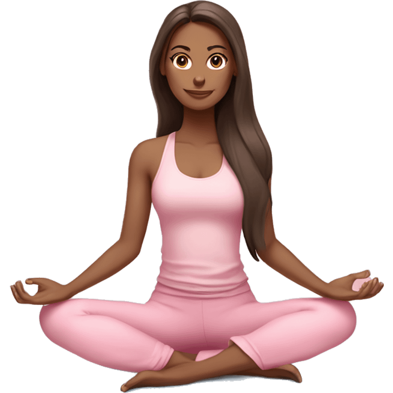 Brunette long hair and blue eyes yoga beautiful girl in light pink pink pink clothes sitting on a yoga mat emoji