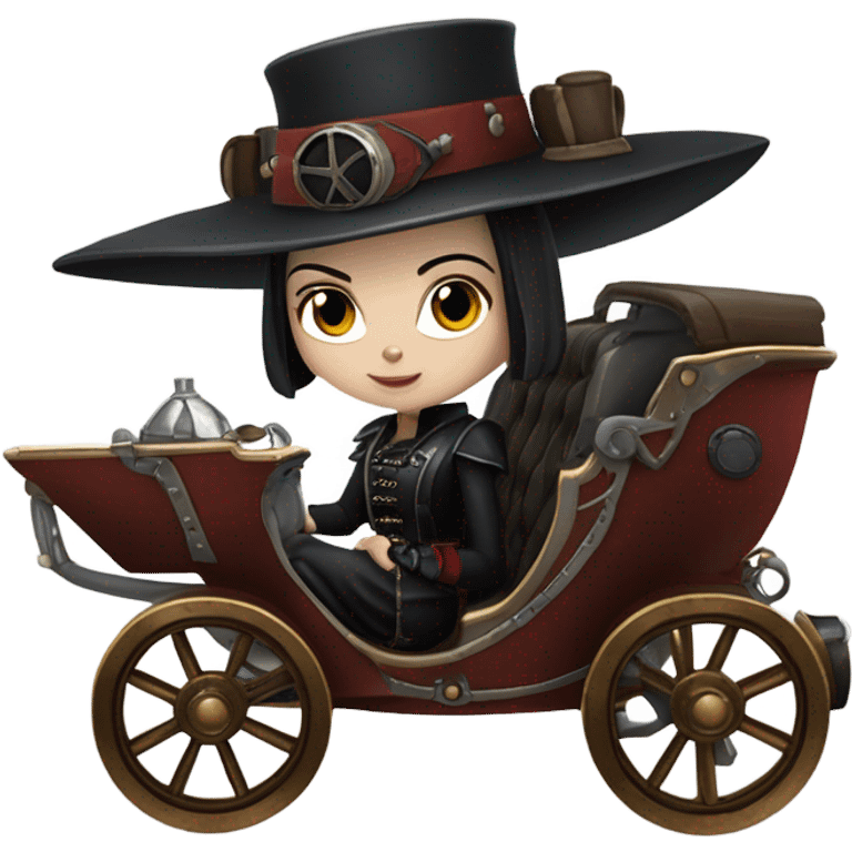 Wednesday Addams Jedi bounty hunter sitting in a modern blue,red and pewter steampunk electric luxury carriage  emoji