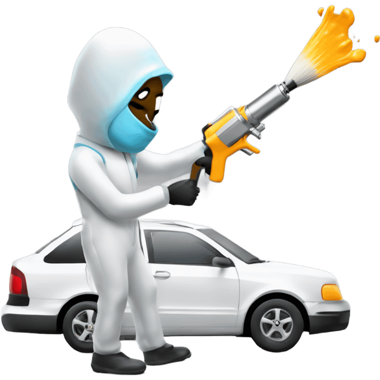 Guy in a paint suit using a spay gun to paint a car emoji