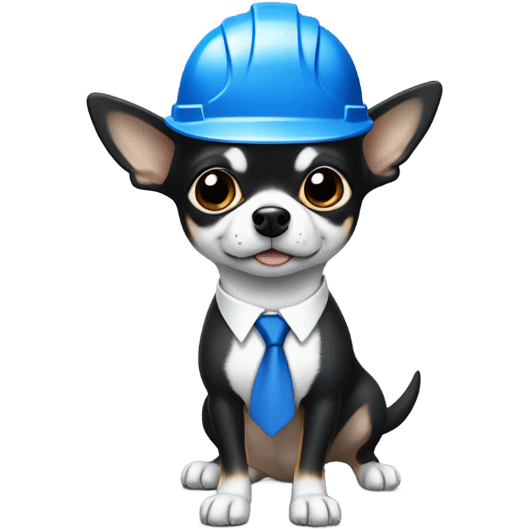 Black and white chihuahua that is running a large company and wears a blue suit with a blue tie and a hard hat and is at a skyscraper emoji