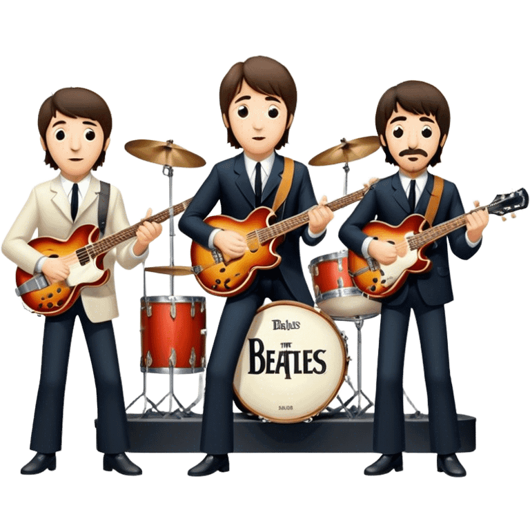 Rock music icon: The Beatles performing live on stage. John Lennon with guitar, Paul McCartney with bass, George Harrison with guitar, Ringo Starr on drums. Bright lights, energetic performance. Transparent background. emoji