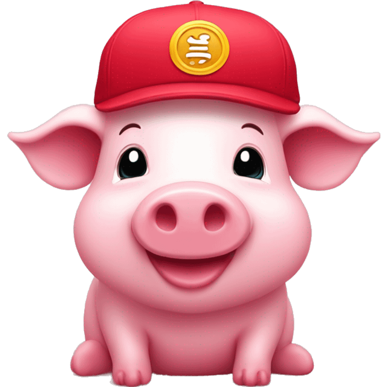 Un cerdito rosa con una gorra roja y feliz emoji