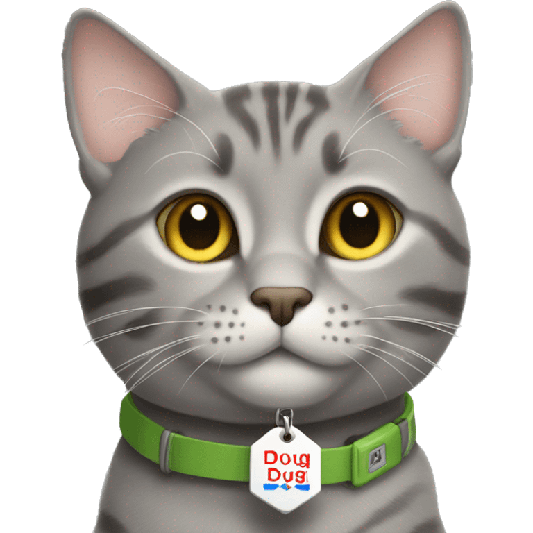 Grey tabby cat with a name tag that says DOUG emoji